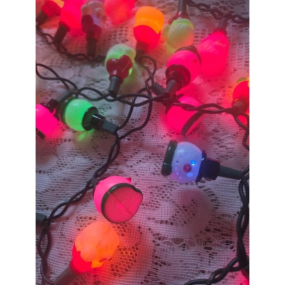 Santa & Snowman Miniature Blow Mold Bulb Covers 50 String Light Set Vtg Decor